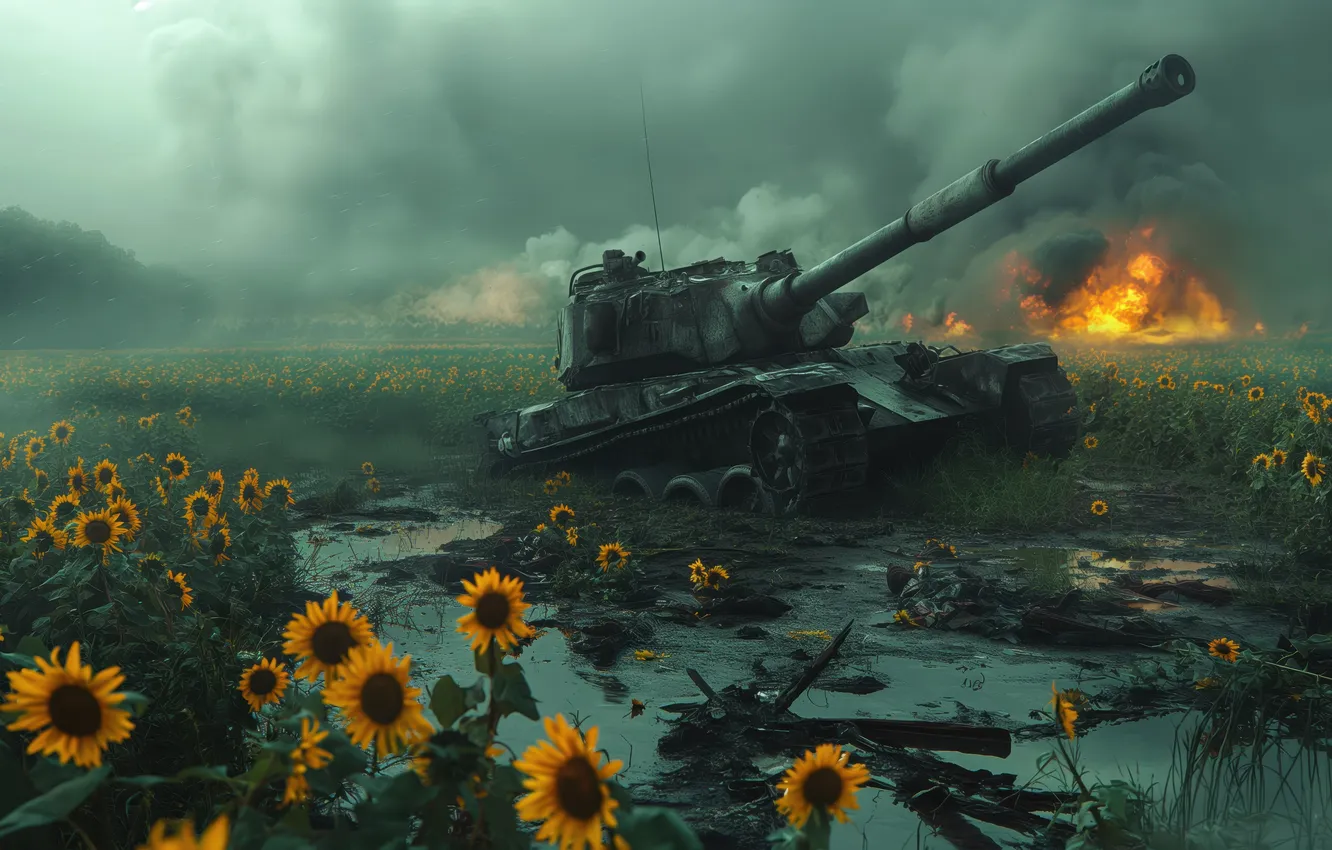 Photo wallpaper Field, Smoke, Fire, Dirt, Sunflowers, Tank, Digital art, AI art