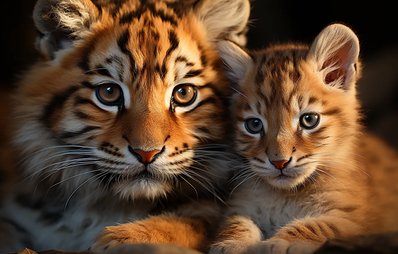 Photo wallpaper look, tiger, predator, kitty, two, face, front, big cat