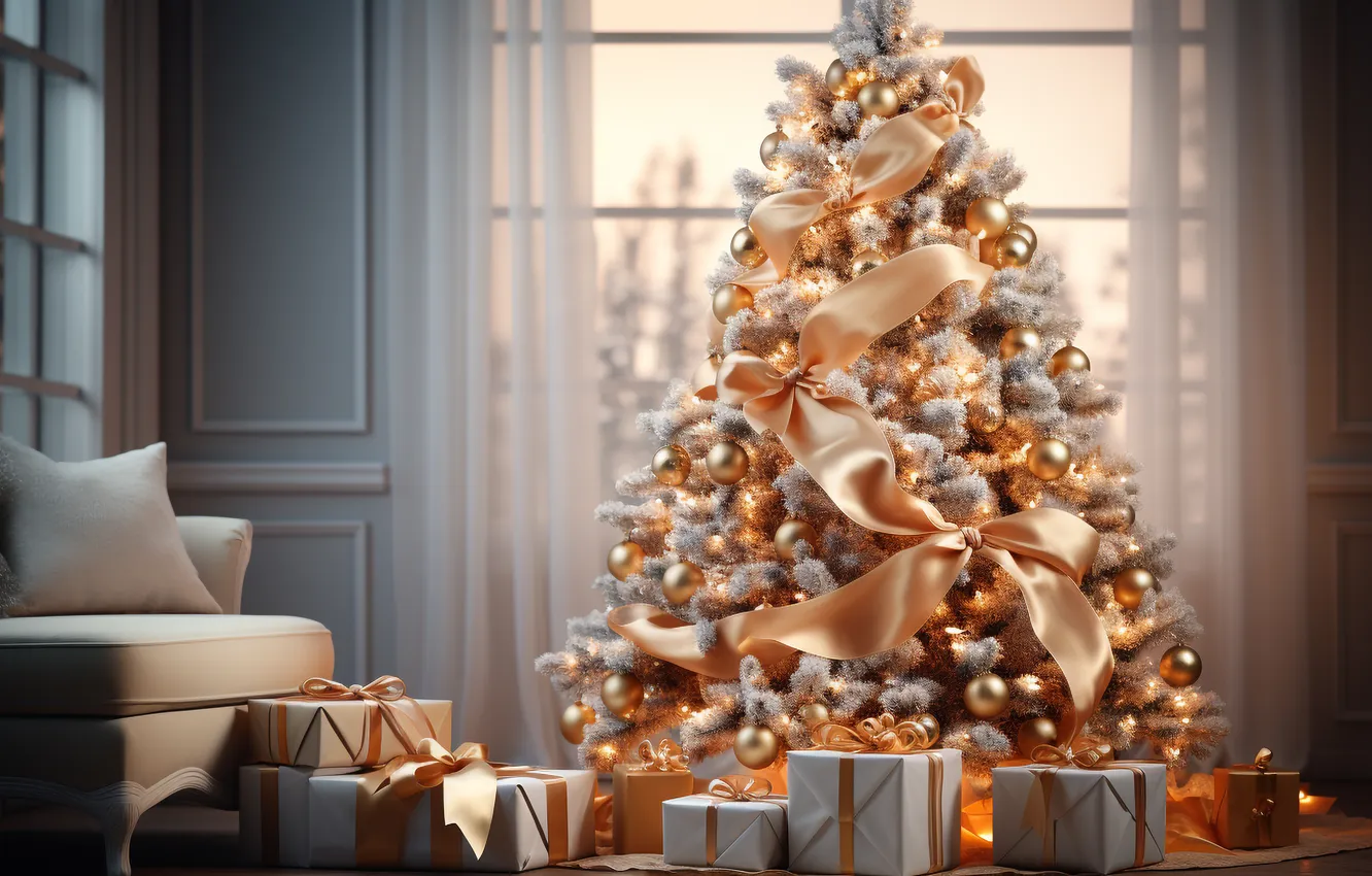 Photo wallpaper decoration, room, gift, balls, tree, new year, interior, Christmas