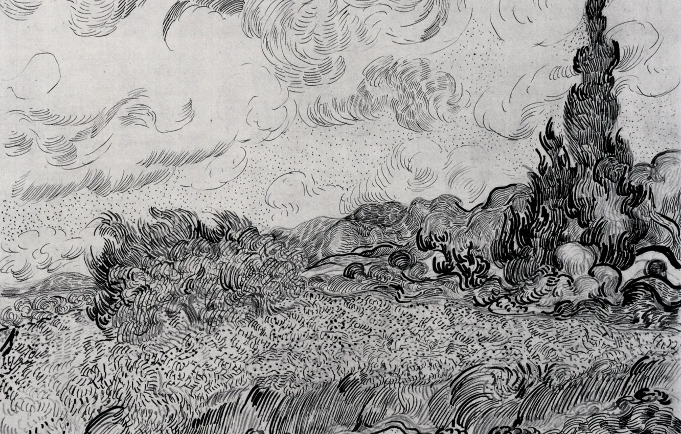 Photo wallpaper Vincent van Gogh, black and white, Wheat Field with Cypresses