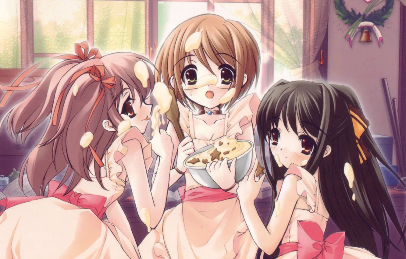 Photo wallpaper window, bow, three, cream, art, friend, apron, noizi ito