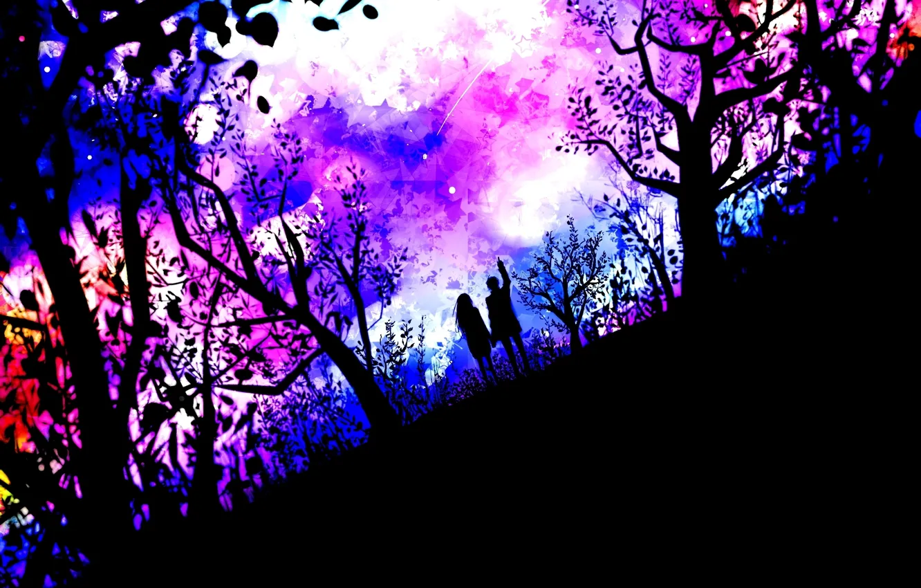 Photo wallpaper girl, stars, trees, nature, anime, art, pair, guy