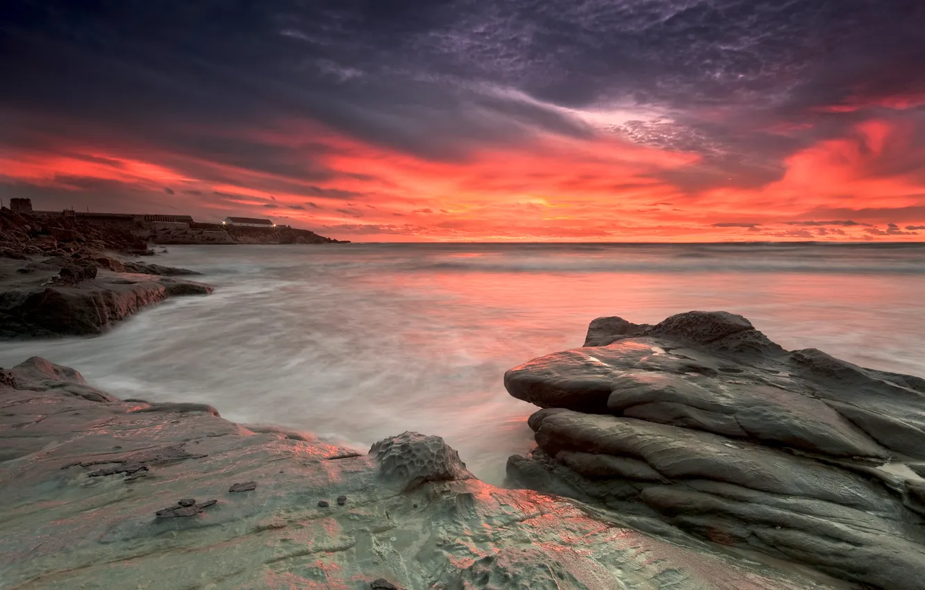 Photo wallpaper sea, sunset, stones