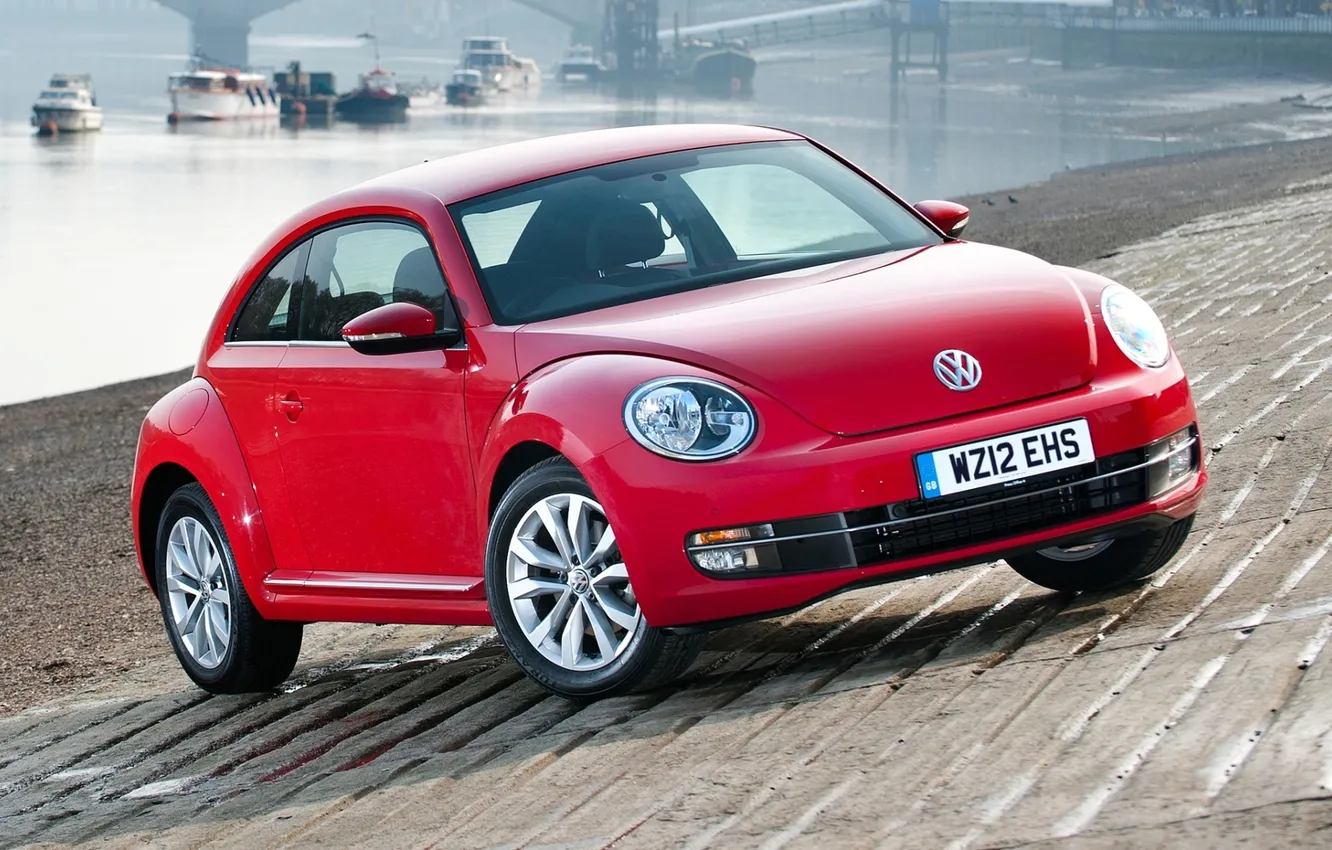 Photo wallpaper water, red, shore, ship, beetle, Volkswagen, the front, Volkswagen