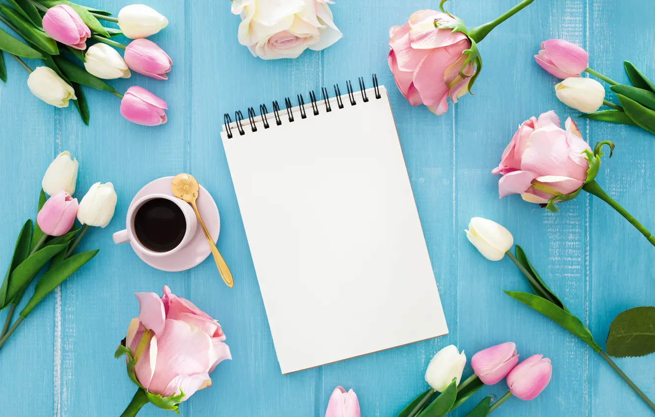 Photo wallpaper flowers, coffee, Cup, tulips, Notepad, bouquets
