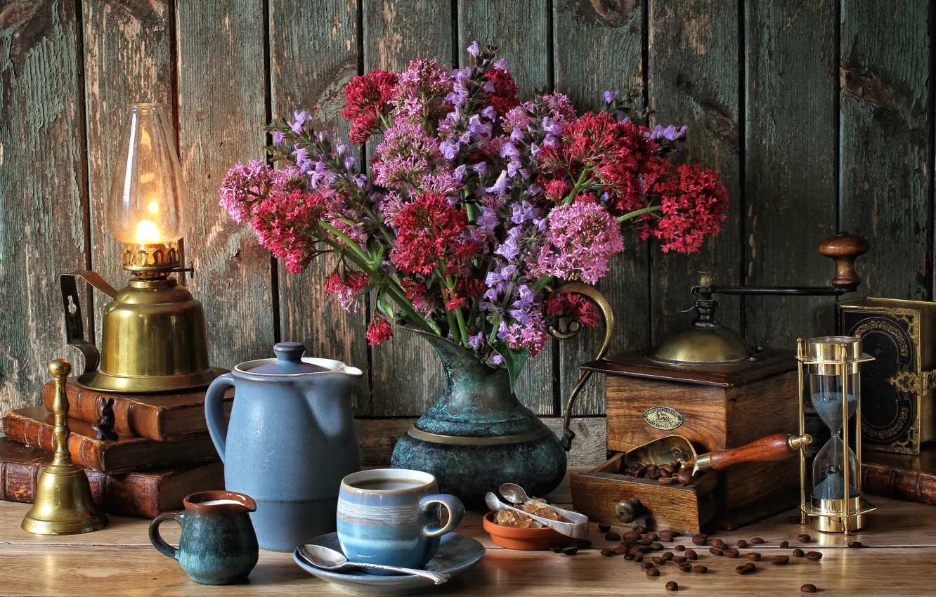 Photo wallpaper flowers, lamp, coffee, bouquet, milk, Cup, book, still life