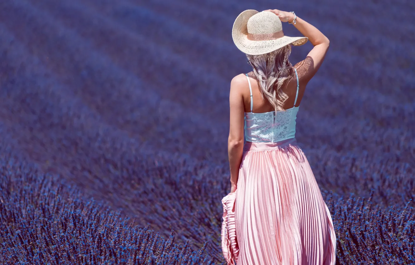 Photo wallpaper field, summer, girl, light, flowers, pose, mood, back