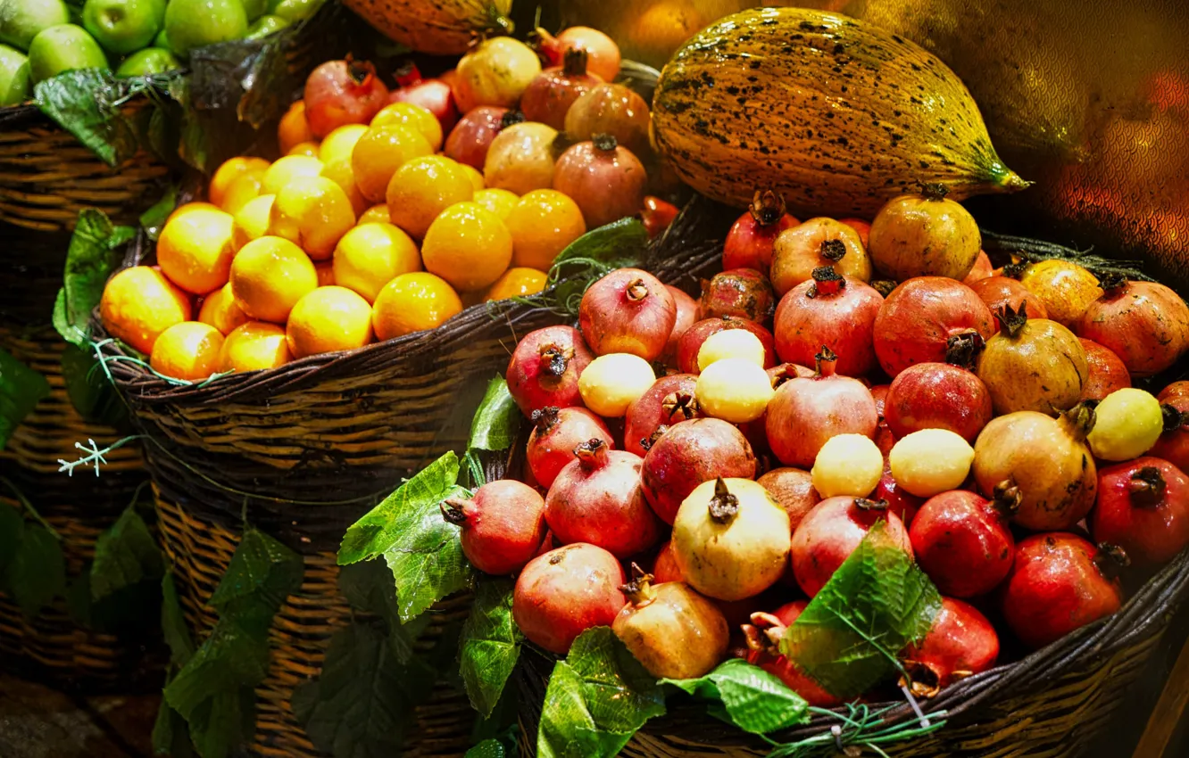 Photo wallpaper leaves, basket, orange, harvest, fruit, a lot, garnet, melon