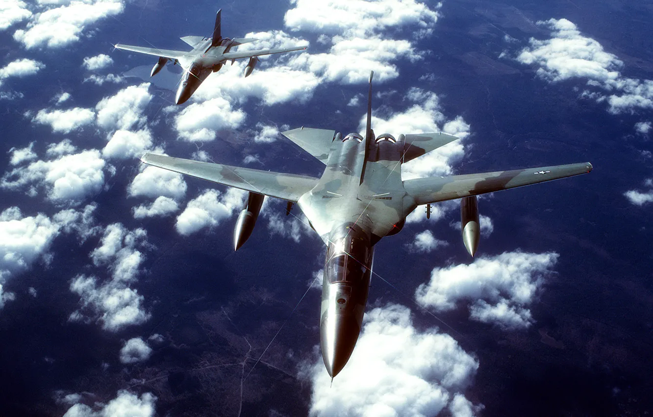Photo wallpaper the sky, clouds, flight, pair, tactical bomber, the variable sweep wing, General Dynamics F-111