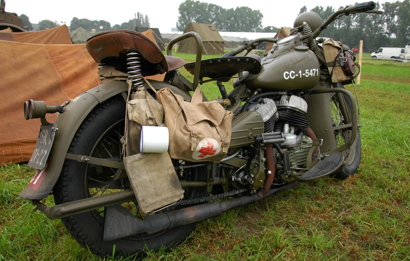 Photo wallpaper grass, war, motorcycle, military, Harley-Davidson, world, Second, times