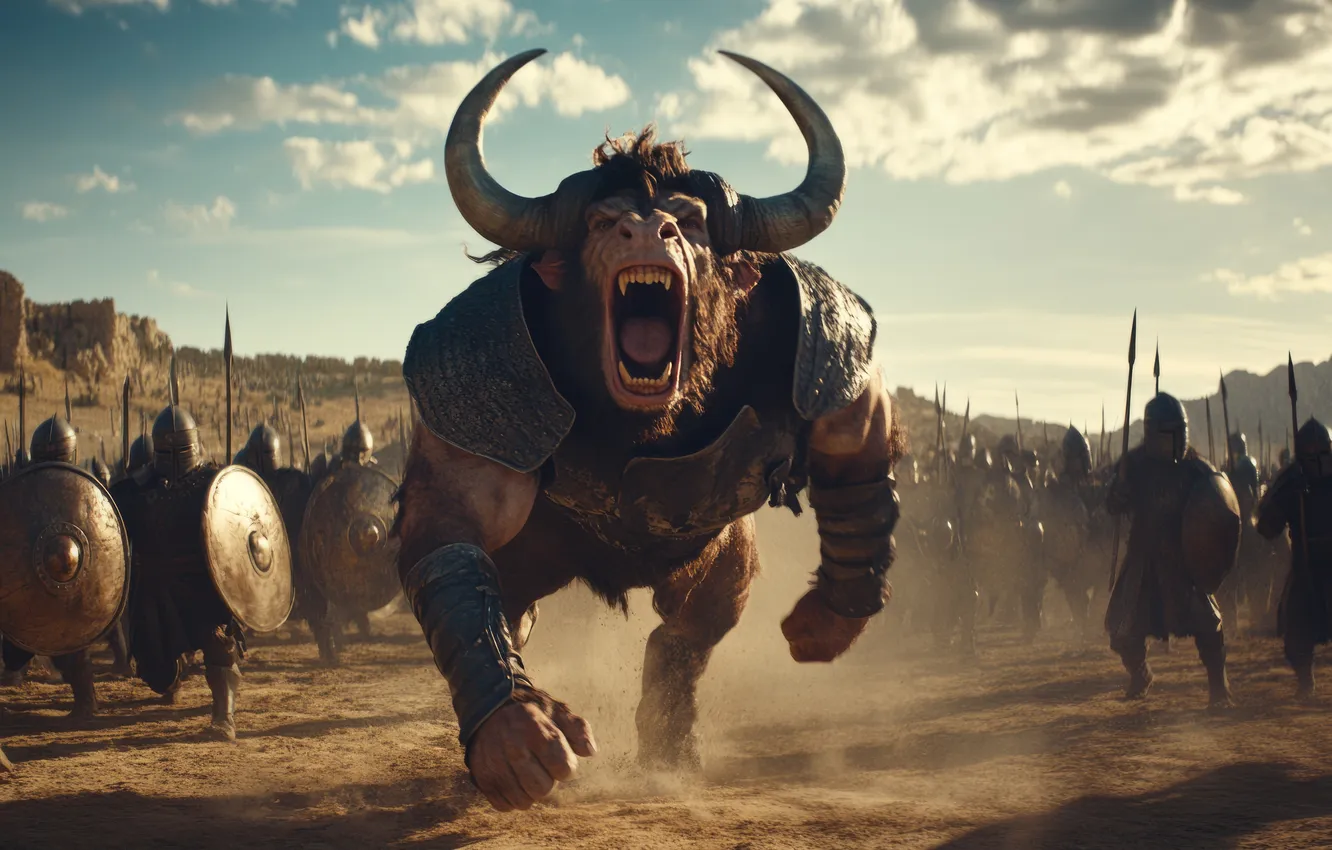 Photo wallpaper warrior, grin, horns, monster, the Minotaur, Creek, digital art, mythology