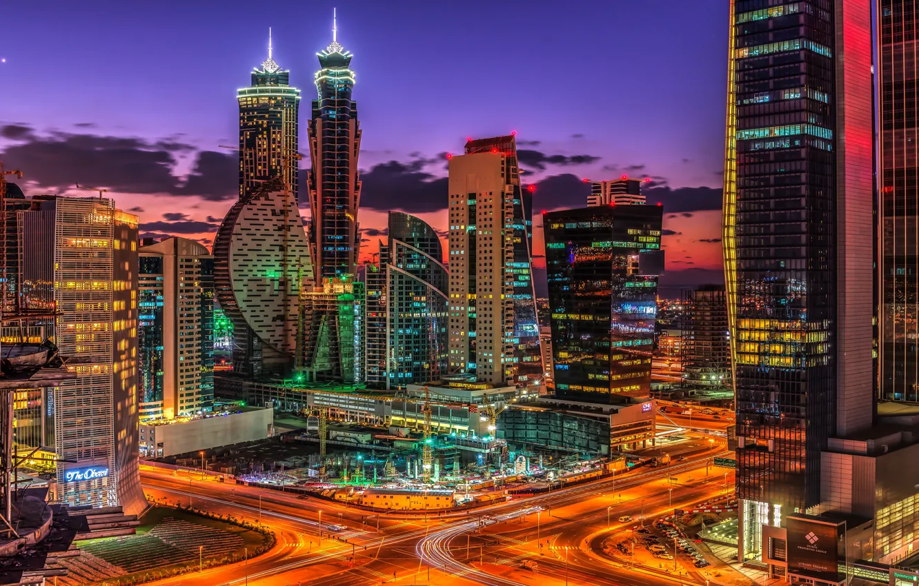 Photo wallpaper road, the sky, clouds, night, clouds, the city, lights, lights