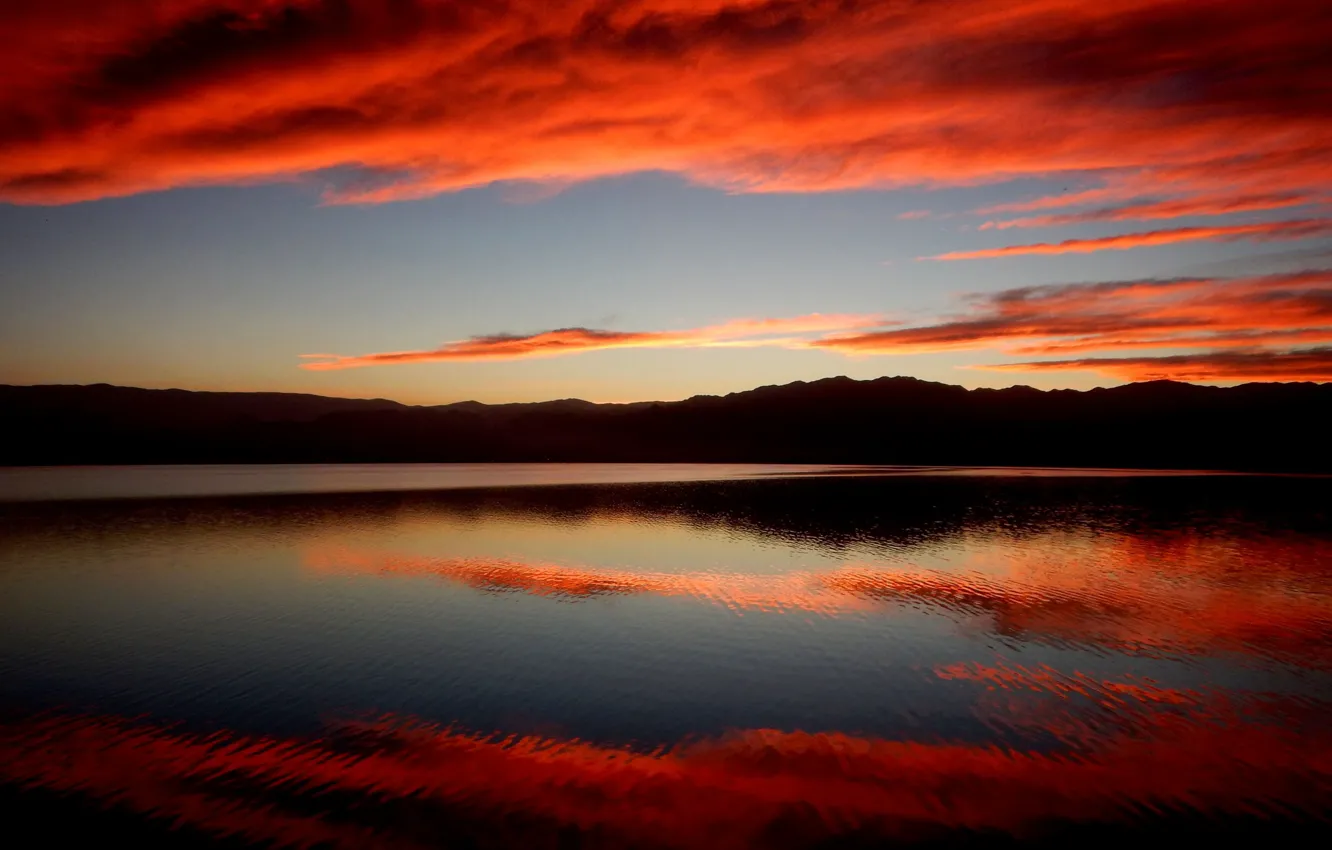 Photo wallpaper clouds, mountains, lake, reflection, glow