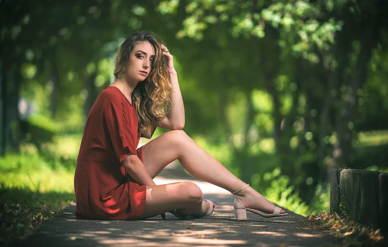 Photo wallpaper look, girl, Park, hair, track, legs, bokeh, dress