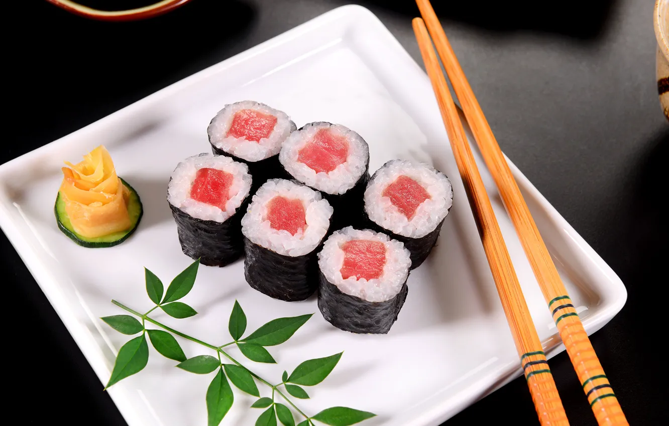 Photo wallpaper fish, sticks, plate, rolls