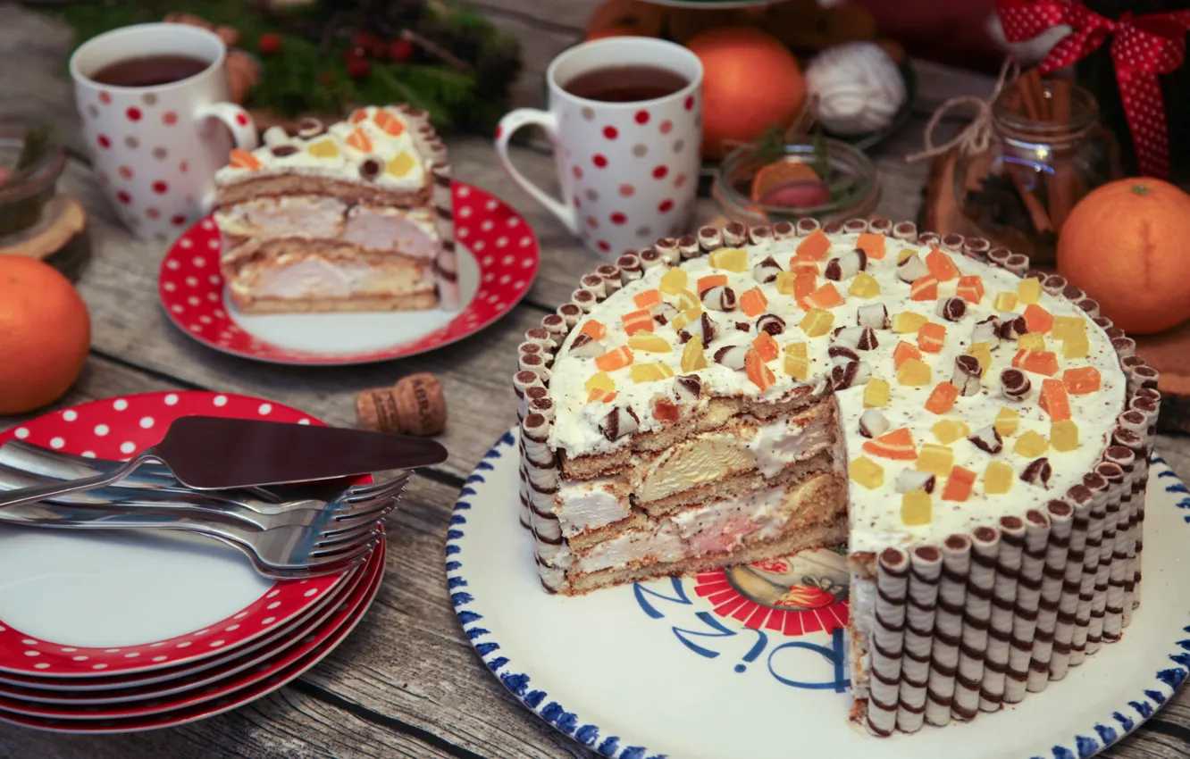 Photo wallpaper tea, orange, cake, candied