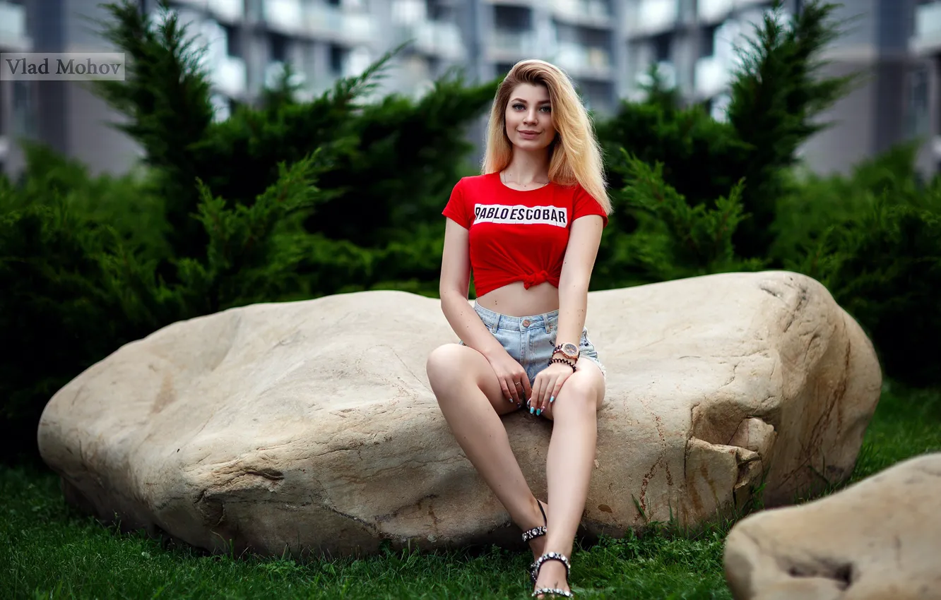 Photo wallpaper girl, smile, shorts, t-shirt, blonde, legs, sitting, Vlad Mohov