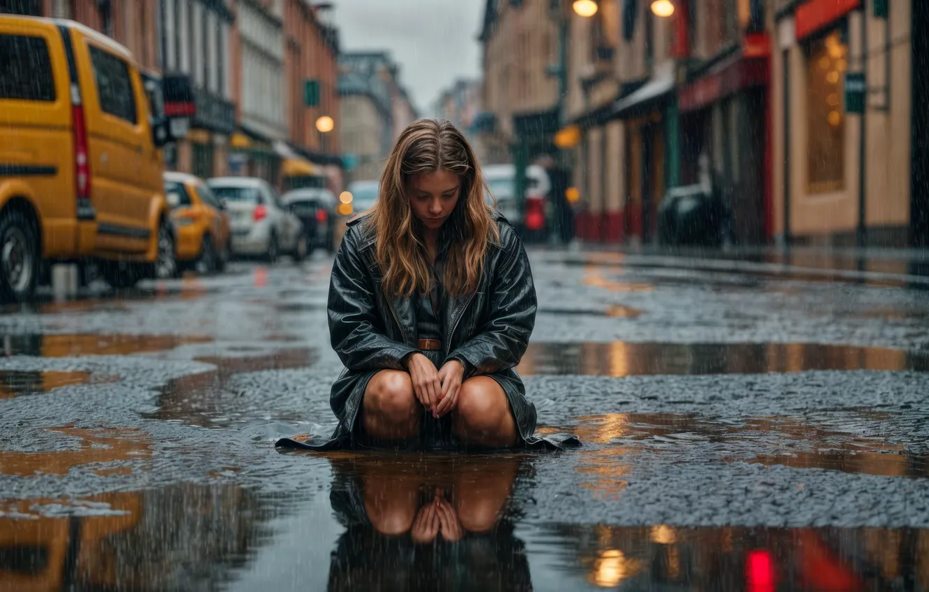 Photo wallpaper road, car, auto, city, the city, street, puddles, girl