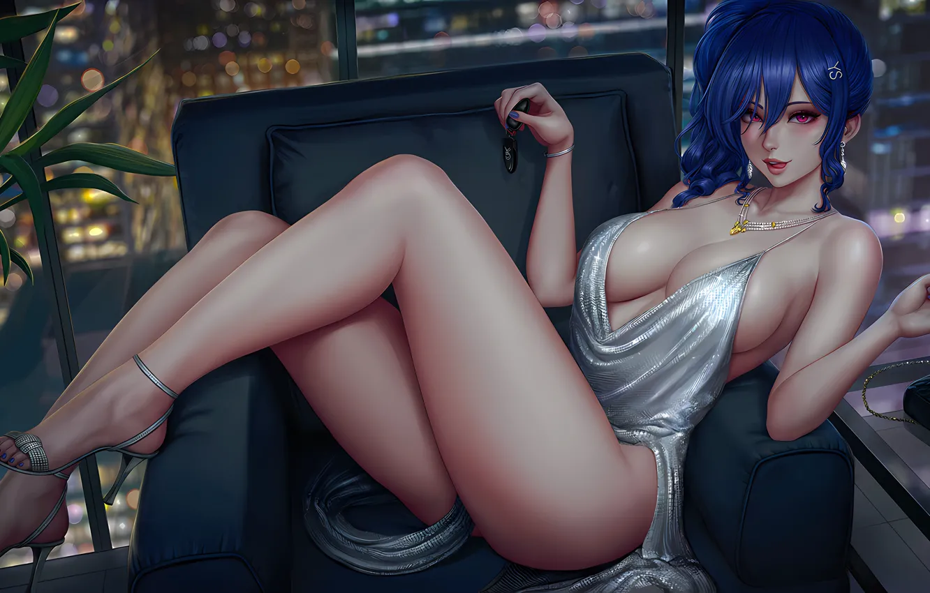 Photo wallpaper girl, sexy, cleavage, long hair, dress, legs, boobs, anime