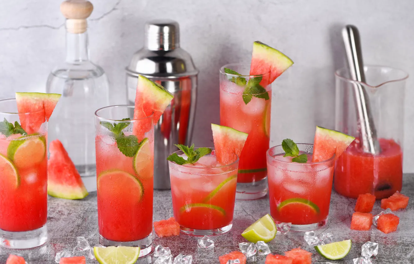 Photo wallpaper glass, glass, table, glass, watermelon, juice, lime, a lot
