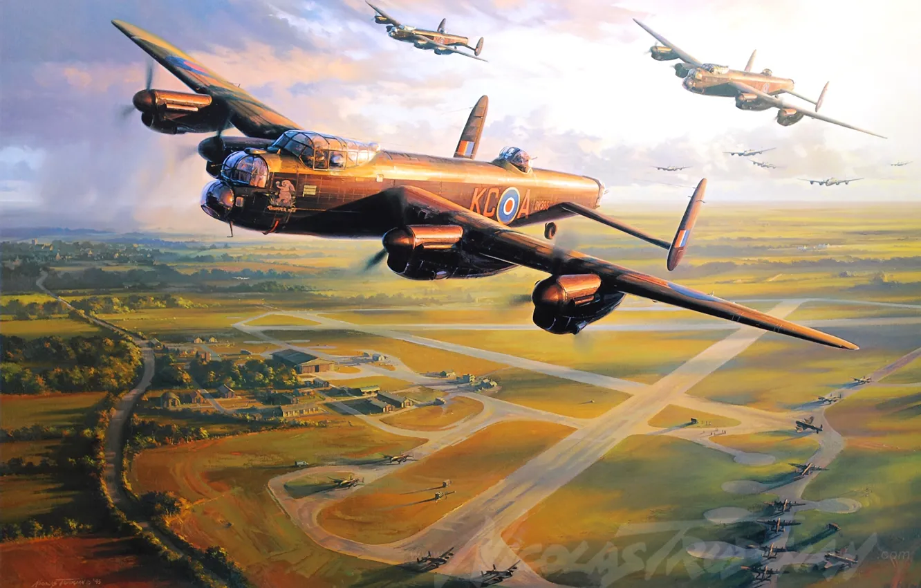 Photo wallpaper aircraft, war, art, airplane, aviation, ww2, dogfight, avro lancaster