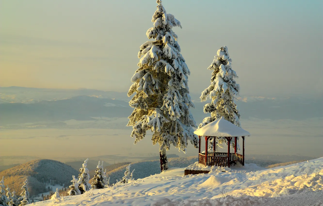 Photo wallpaper winter, the sky, snow, mountains, gazebo, BelleVue