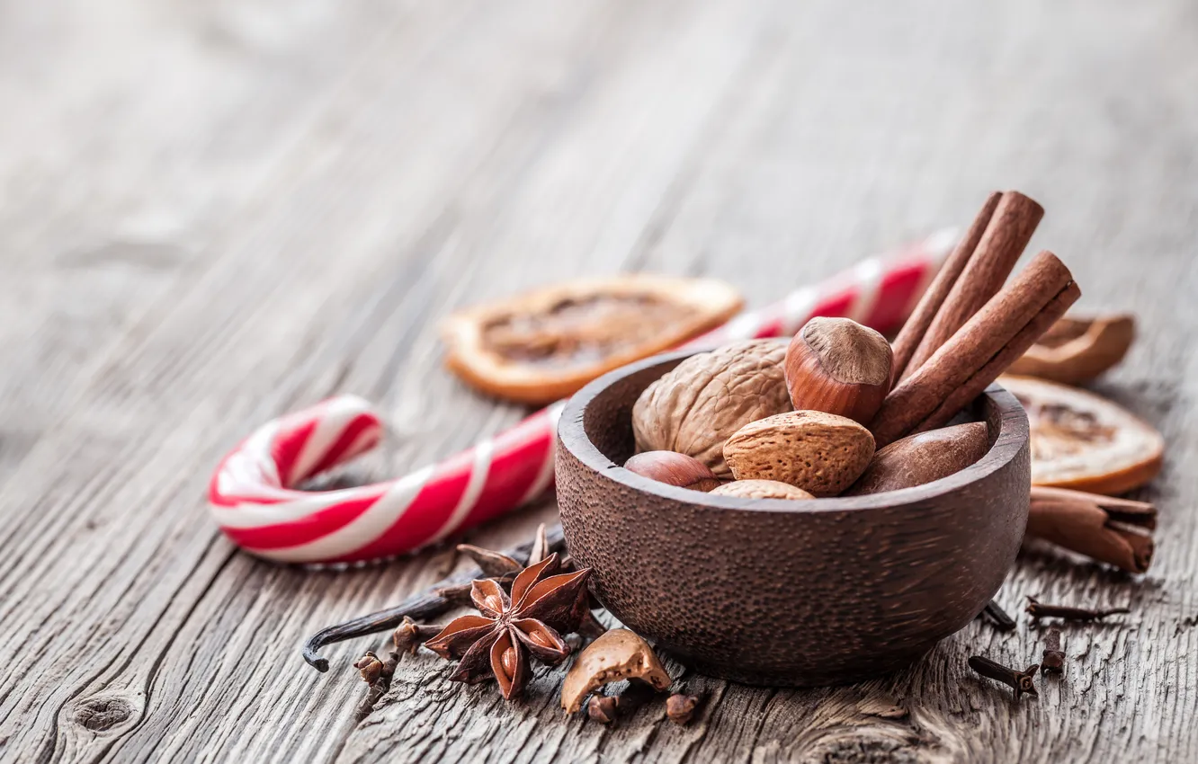 Photo wallpaper tree, New Year, Christmas, nuts, cinnamon, Christmas, New Year, spices