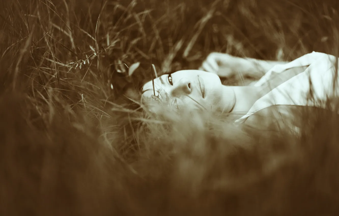 Photo wallpaper field, grass, look, girl, face, smile, mood, stay