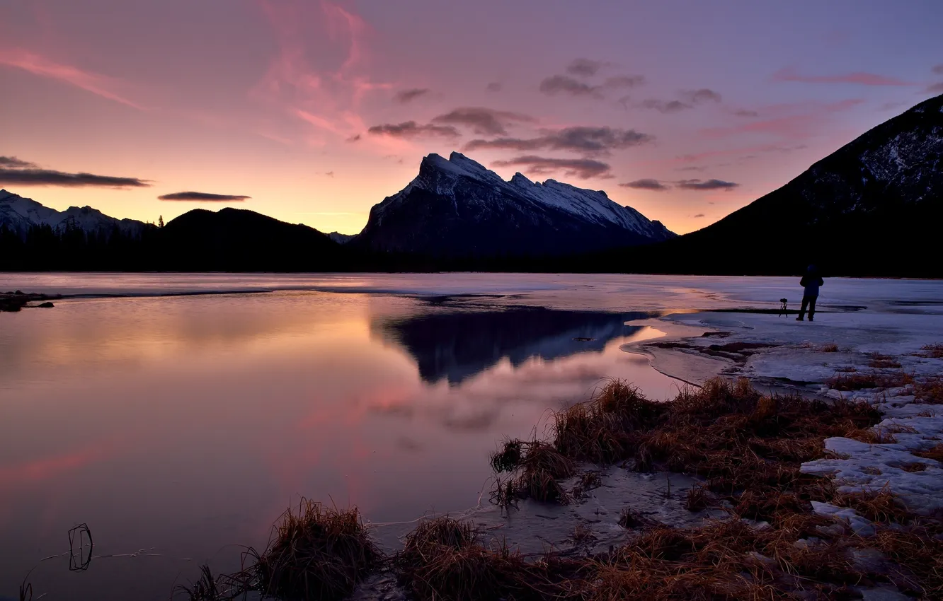Photo wallpaper winter, sunset, lake, mountain, Banff National Park, Alberta, Canada, Spring