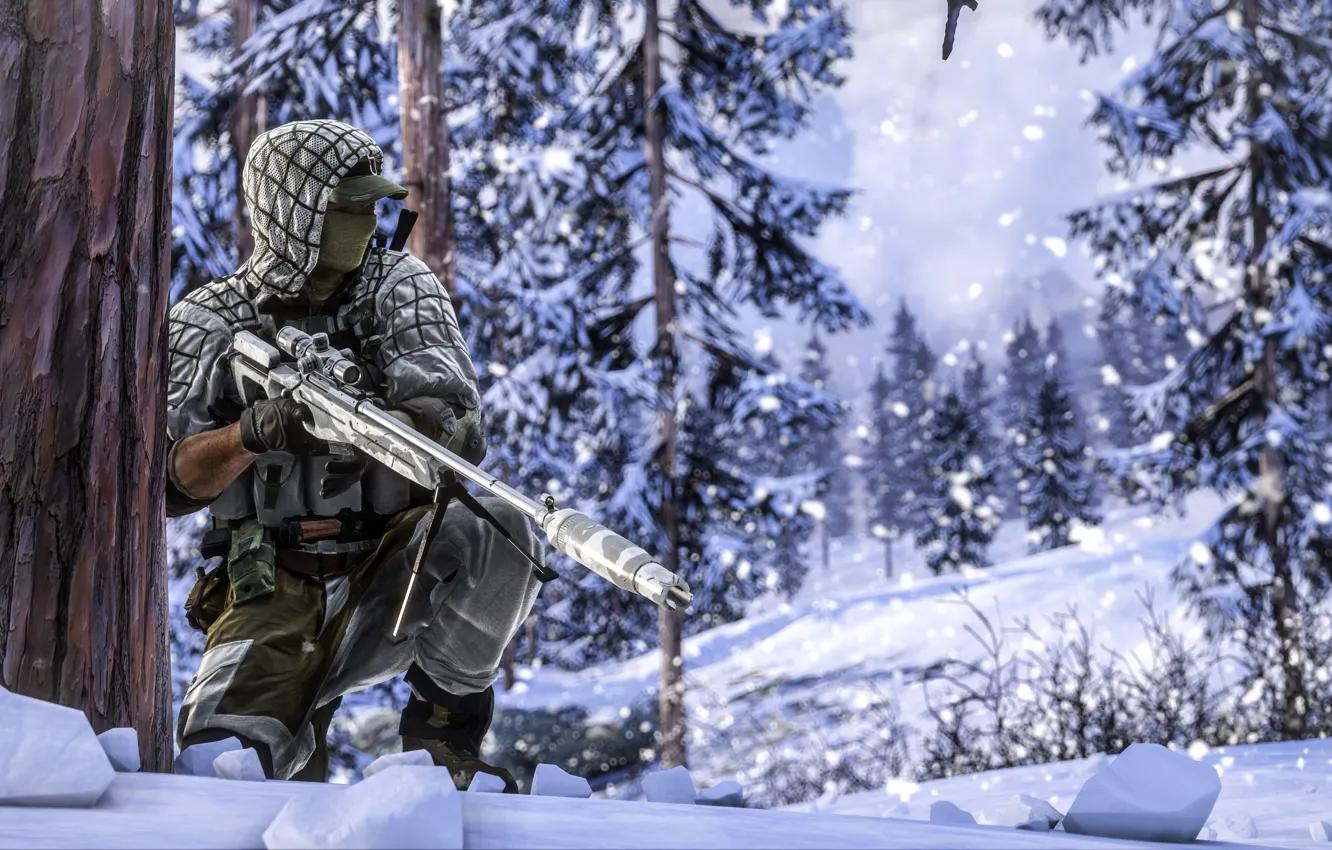 Photo wallpaper winter, forest, soldiers, sniper, equipment, Battlefield 4