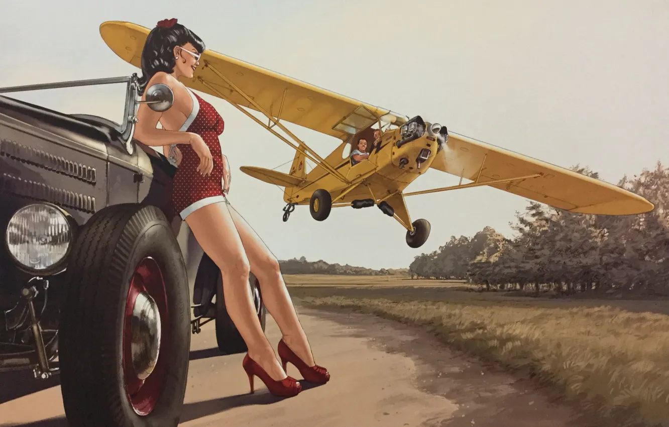 Photo wallpaper road, girl, figure, hot rod, pin-up, fly by, Piper Cub
