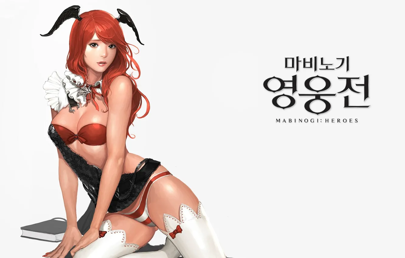 Photo wallpaper characters, book, game, demoness, red hair, Mabinogi, white stockings