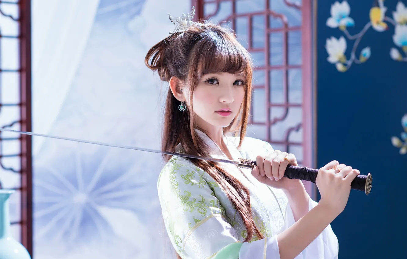 Photo wallpaper girl, sword, Asian