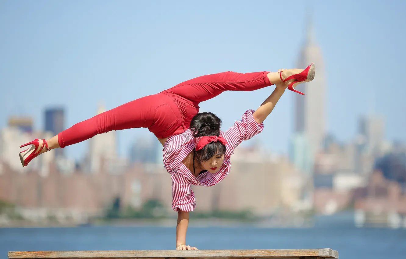 Photo wallpaper girl, Asian, stretching, stand
