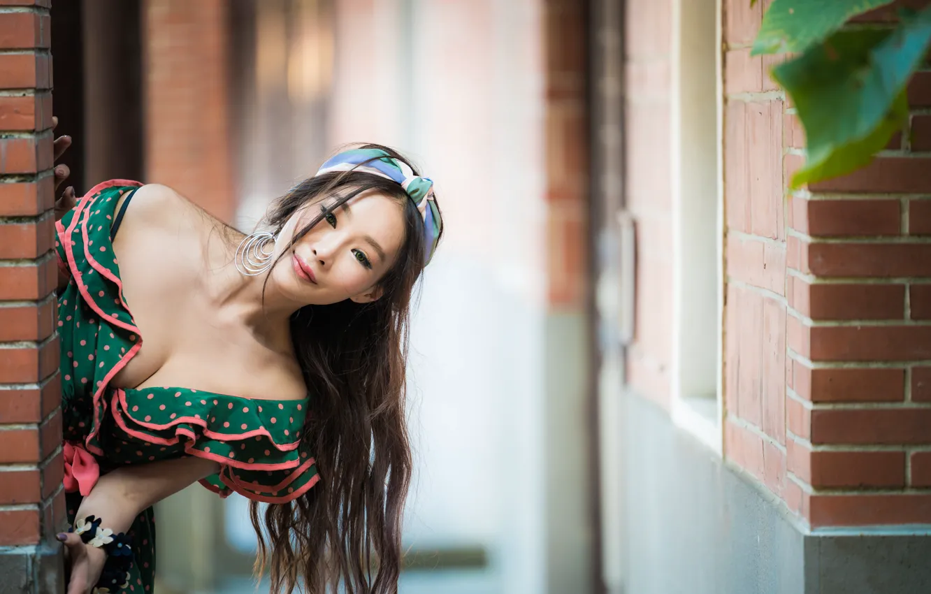 Photo wallpaper girl, pose, hair, neckline, Asian, bokeh