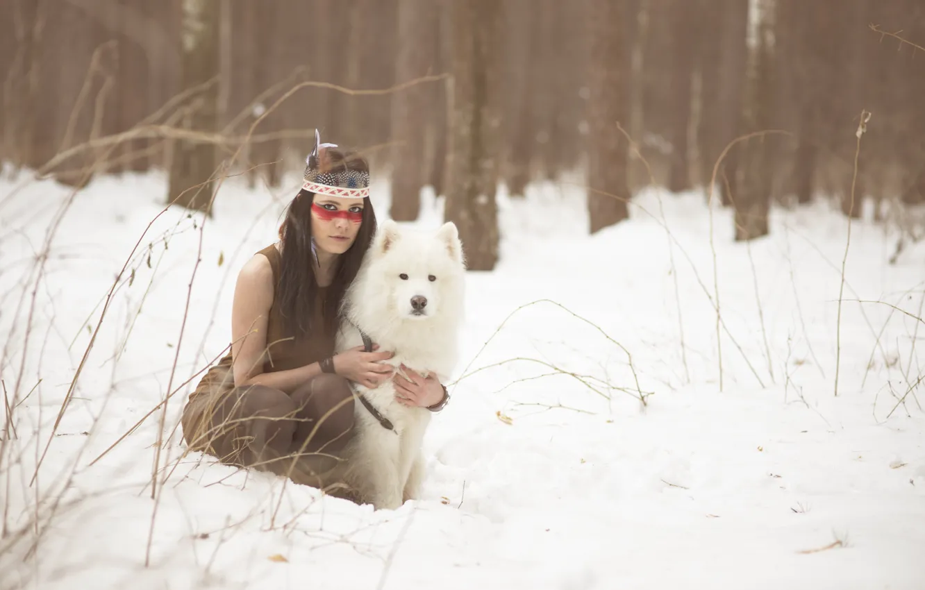 Photo wallpaper winter, look, girl, snow, face, each, hair, dog