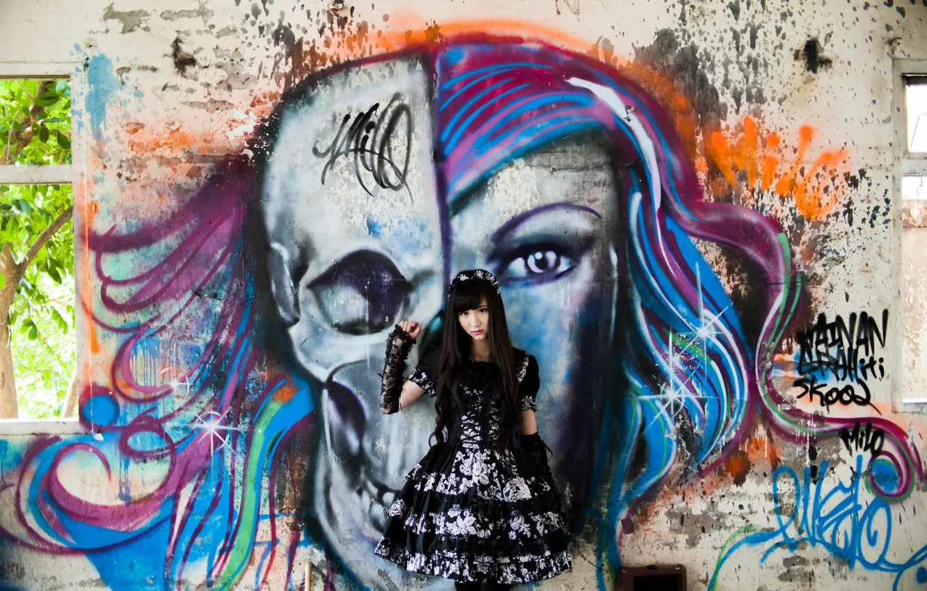 Photo wallpaper girl, style, wall, graffiti, dress, legs
