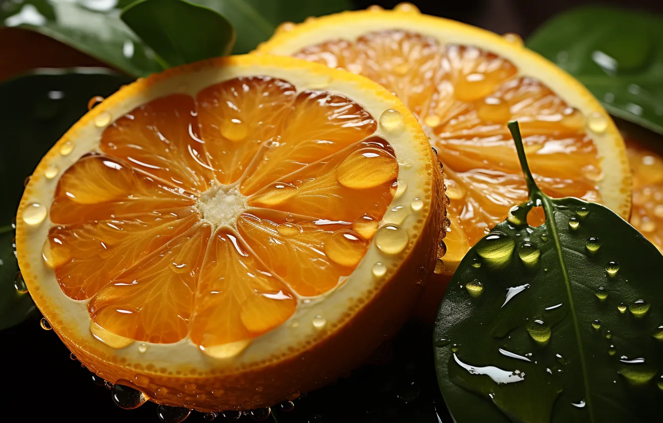 Photo wallpaper leaves, water, drops, macro, moisture, orange, citrus, fruit