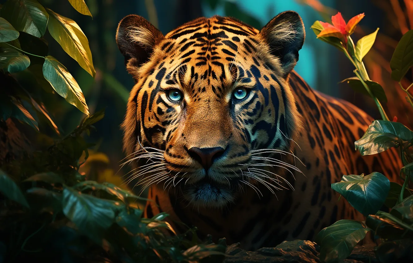 Photo wallpaper animals, nature, tiger, leaves, digital art, wildlife, fur, whiskers