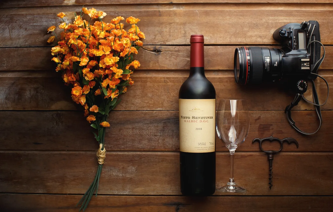 Photo wallpaper flowers, wine, glass, bottle, the camera, still life, corkscrew