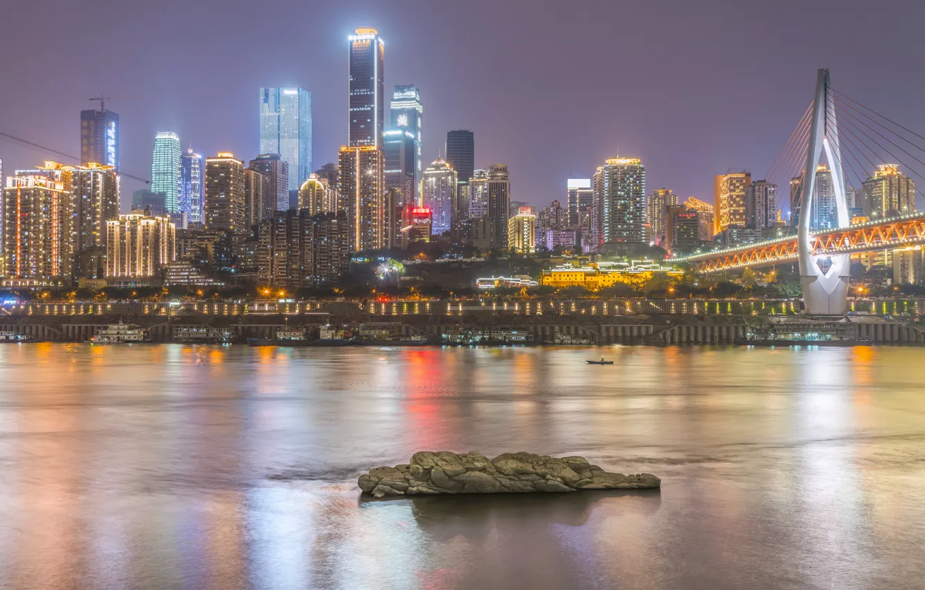 Photo wallpaper the city, lights, river, China, the urban landscape