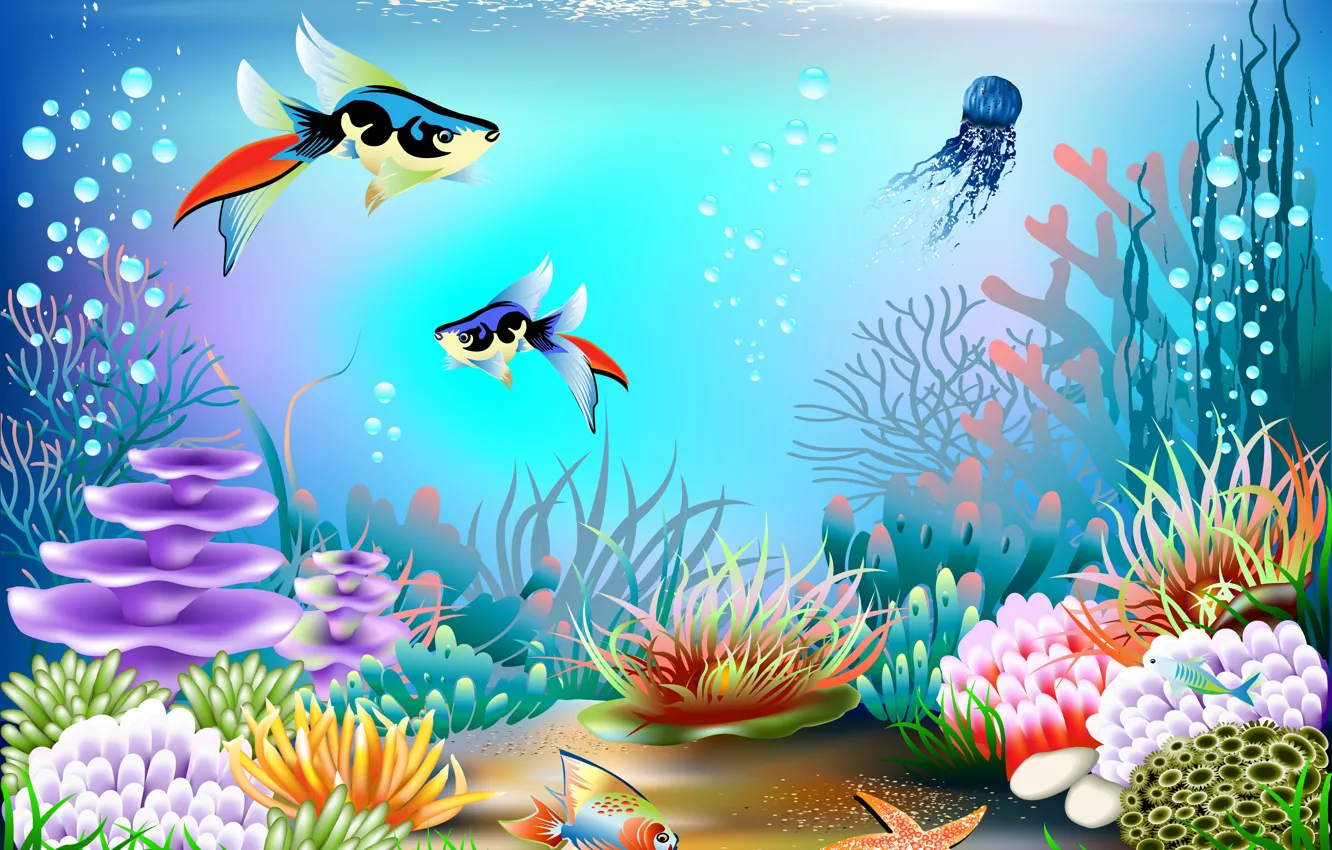 Photo wallpaper fish, bubbles, vector, corals, underwater world