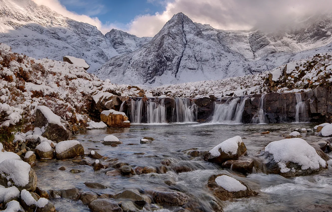 Photo wallpaper snow, landscape, mountains, stones, waterfall, Scotland, Scotland