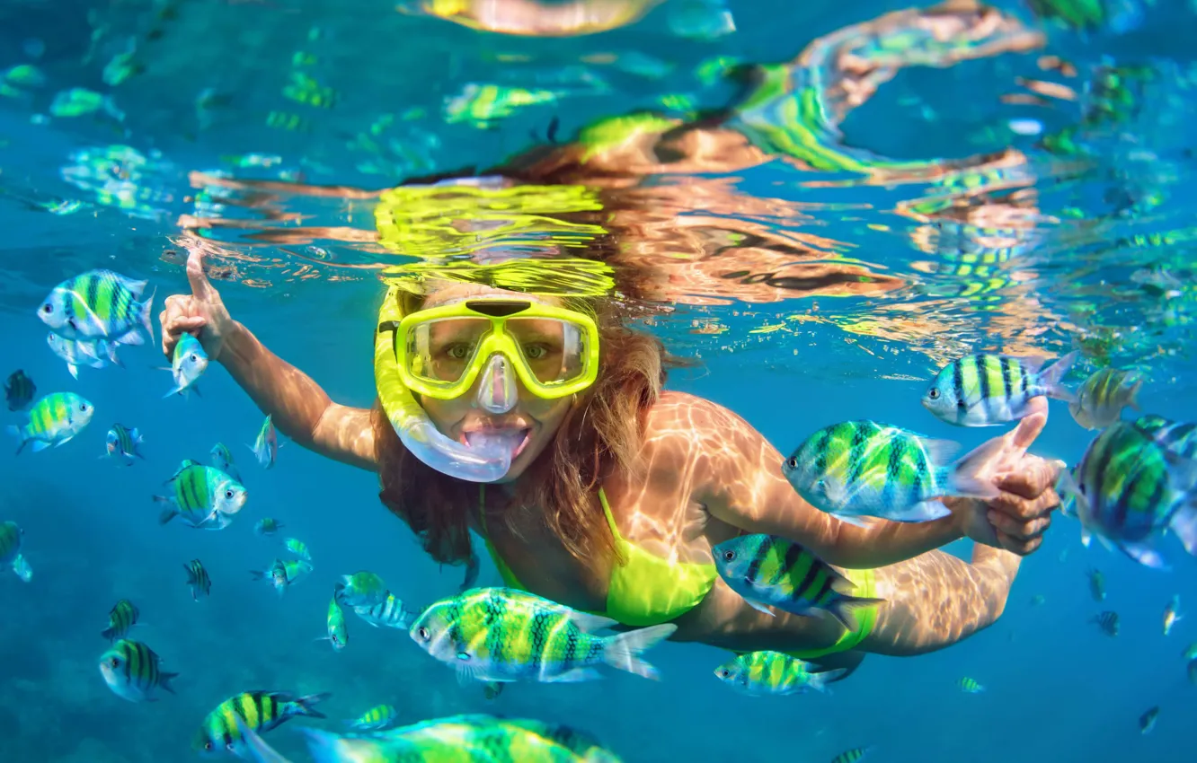 Photo wallpaper girl, fish, mask, Mexico, Mexico, Cancun, Cancun, snorkeling