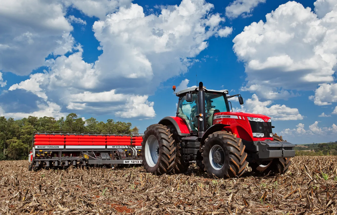 Photo wallpaper field, the sky, wheel, tractor, Massey Ferguson, agricultural machinery, seeder, the counterweight