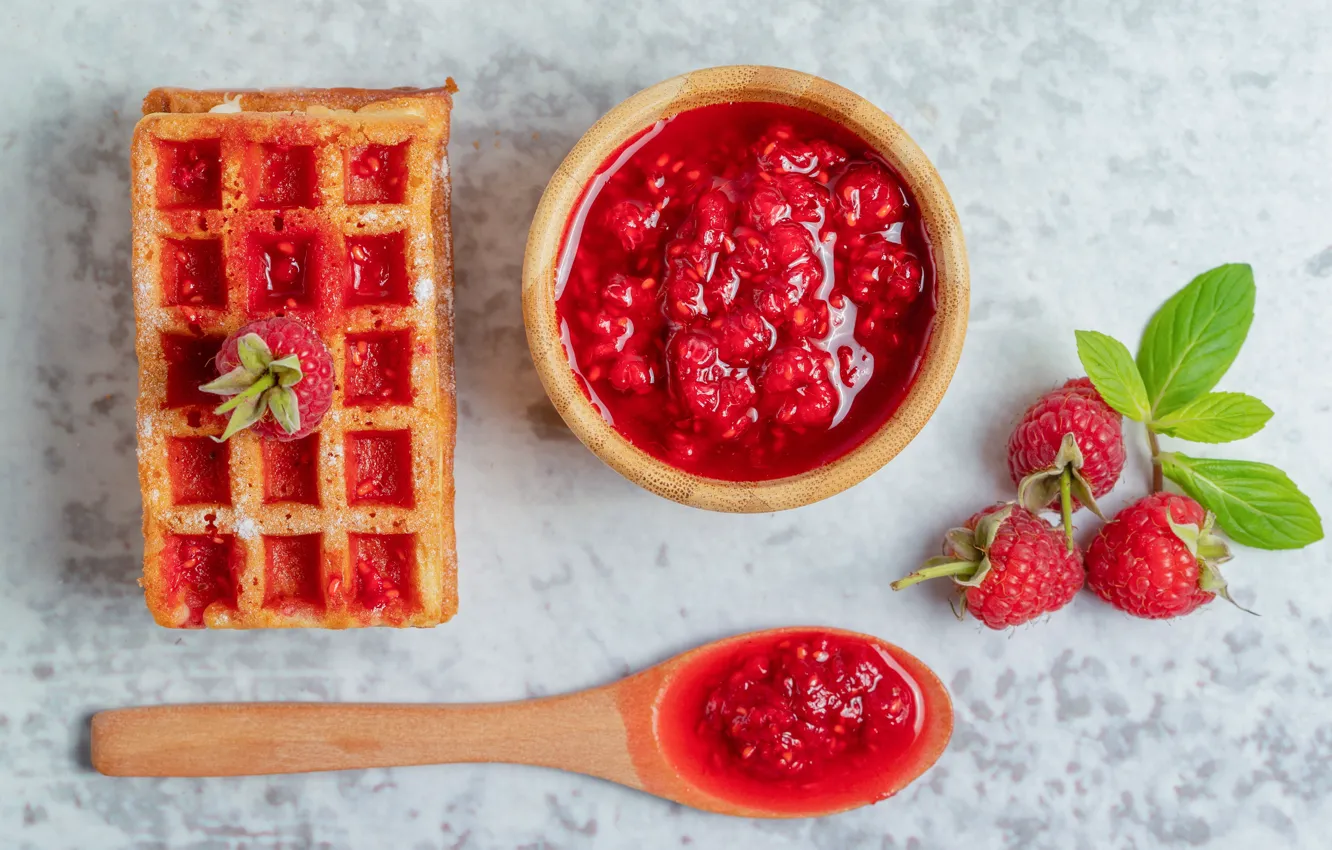 Photo wallpaper leaves, berries, raspberry, spoon, bowl, waffles, raspberry, jam