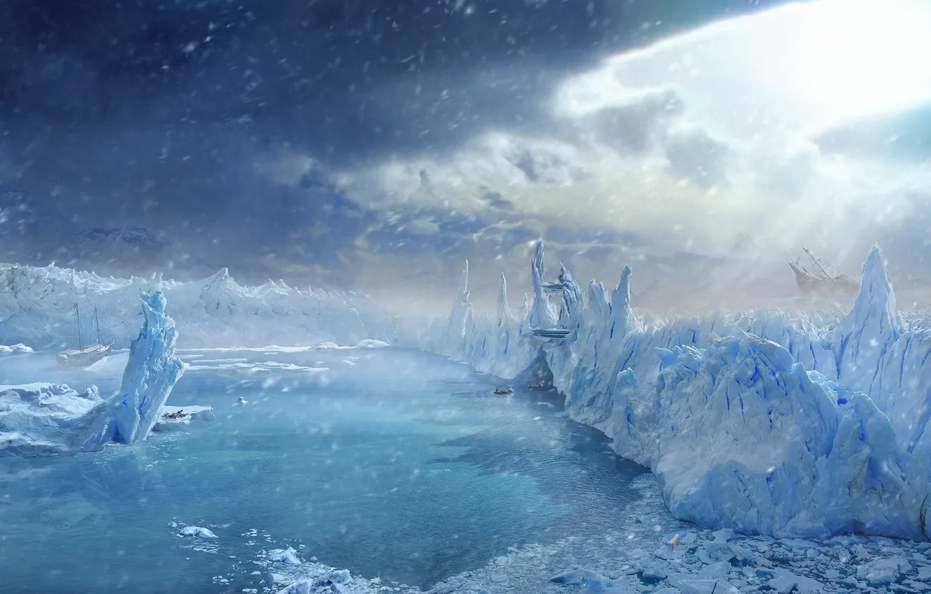Photo wallpaper ice, Winter, ships