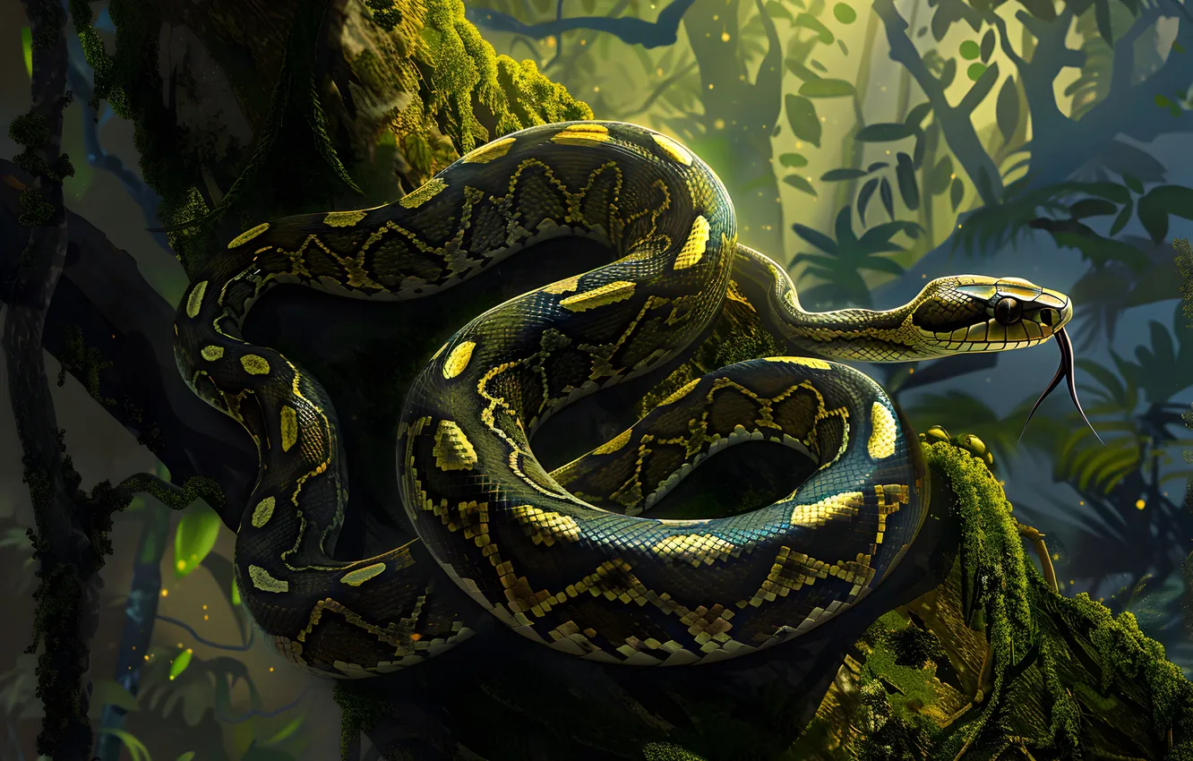 Photo wallpaper language, leaves, trees, animal, snake, jungle, art, reptile