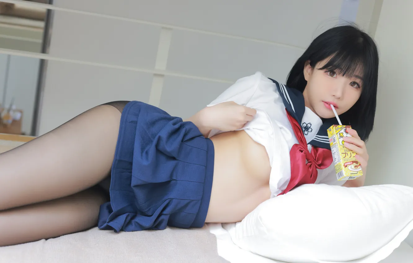 Photo wallpaper model, women, cosplay, pantyhose, no bra, Schoolgirl, Underboob, Sailor Uniform