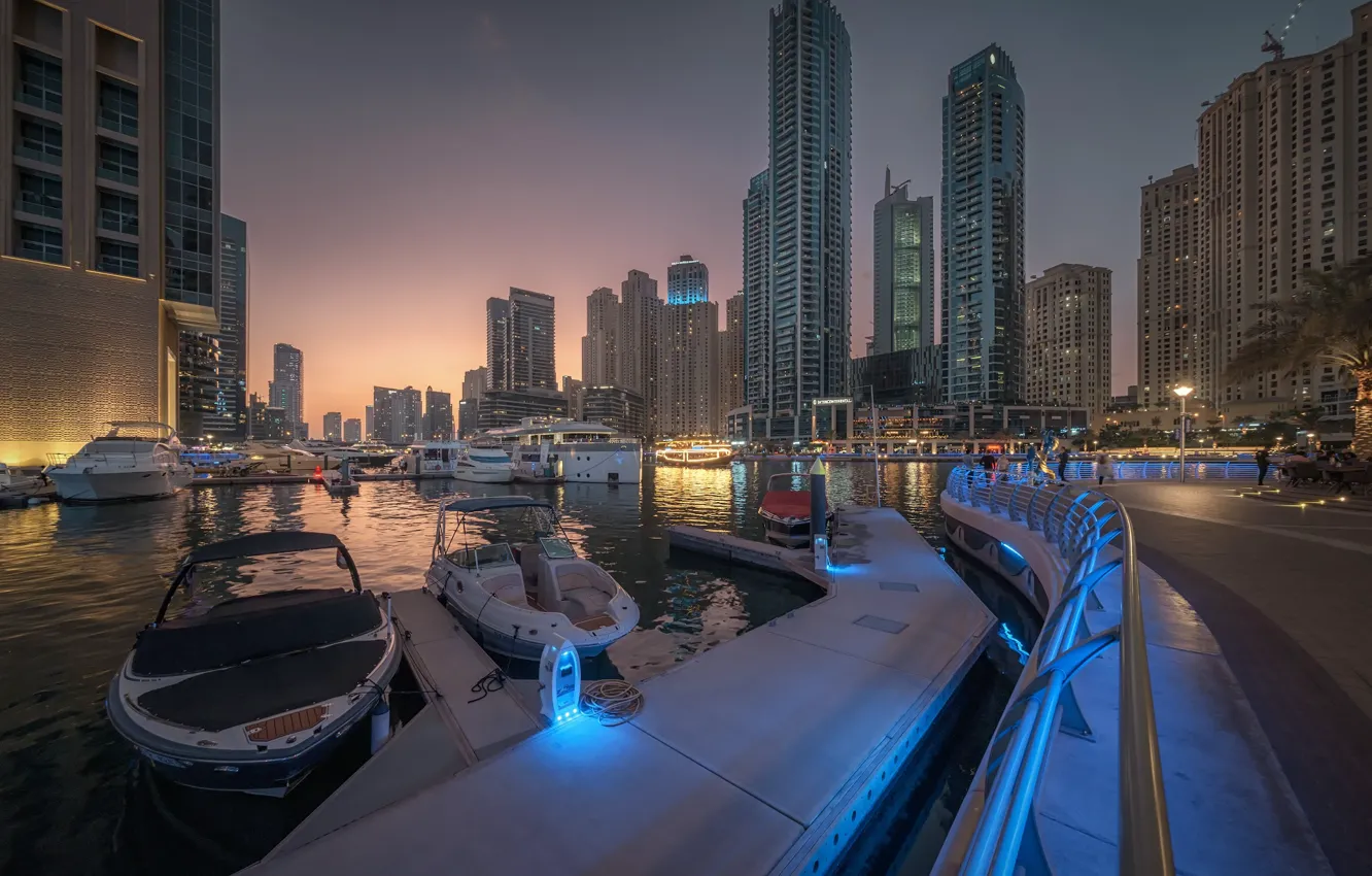Photo wallpaper water, the city, building, boats, the evening, lighting, Dubai, UAE